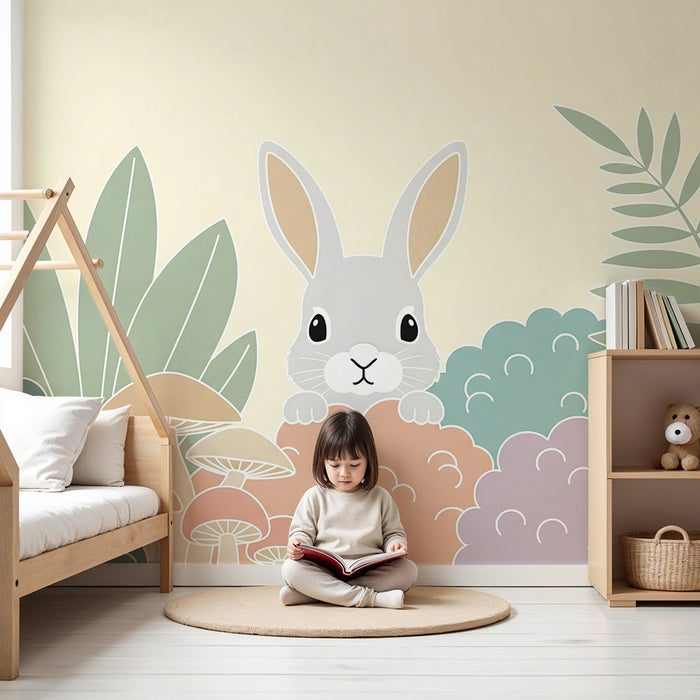 Babykamer behang | Schattig konijn en kleurrijke paddenstoelen in een zachte tuin