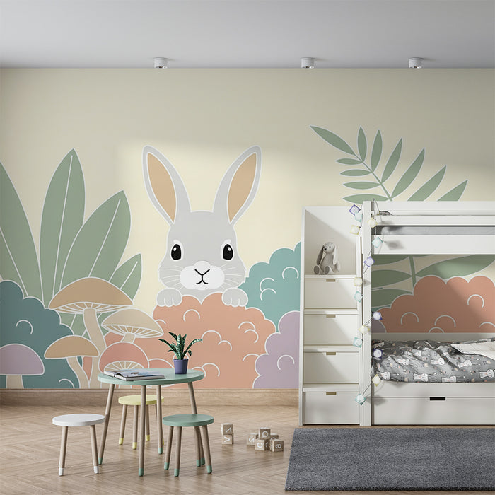 Babykamer behang | Schattig konijn en kleurrijke paddenstoelen in een zachte tuin