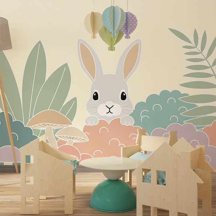Babykamer behang | Schattig konijn en kleurrijke paddenstoelen in een zachte tuin