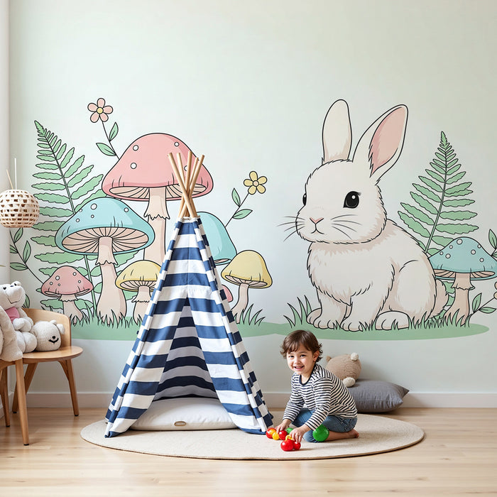 Babykamer behang | Schattig konijn en kleurrijke paddenstoelen in een betoverde tuin