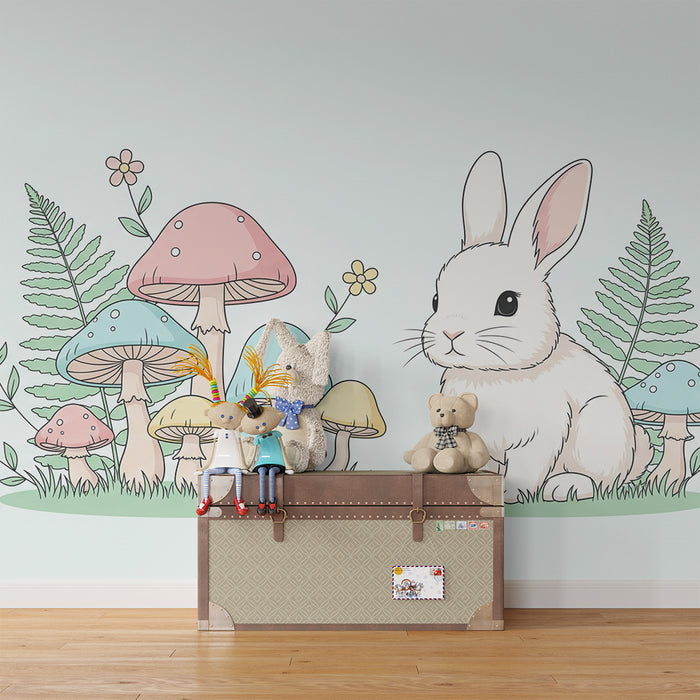 Babykamer behang | Schattig konijn en kleurrijke paddenstoelen in een betoverde tuin