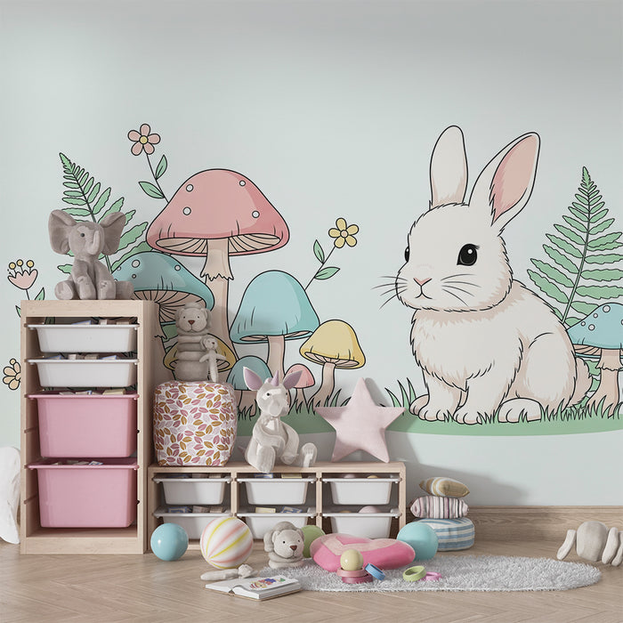 Babykamer behang | Schattig konijn en kleurrijke paddenstoelen in een betoverde tuin