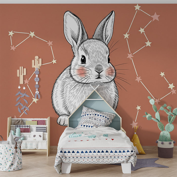 Babyzimmer Tapete | Niedliches Kaninchen und Sternenkonstellationen