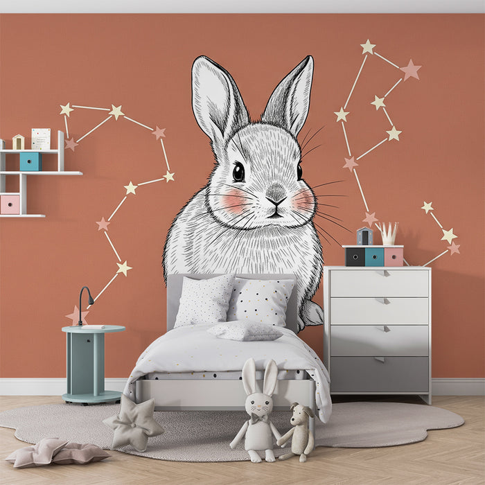 Babyzimmer Tapete | Niedliches Kaninchen und Sternenkonstellationen