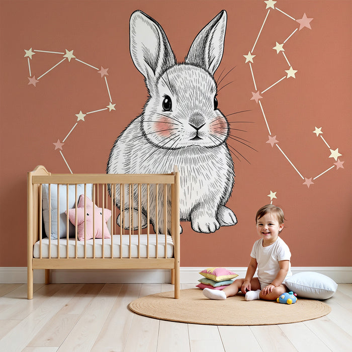 Babyzimmer Tapete | Niedliches Kaninchen und Sternenkonstellationen