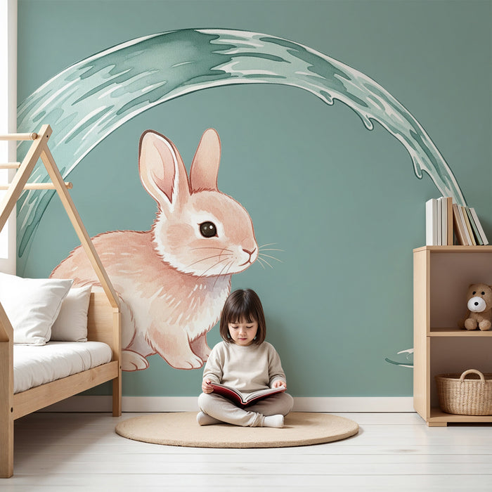 Papier peint chambre bébé | Lapin mignon et éclaboussures d'eau