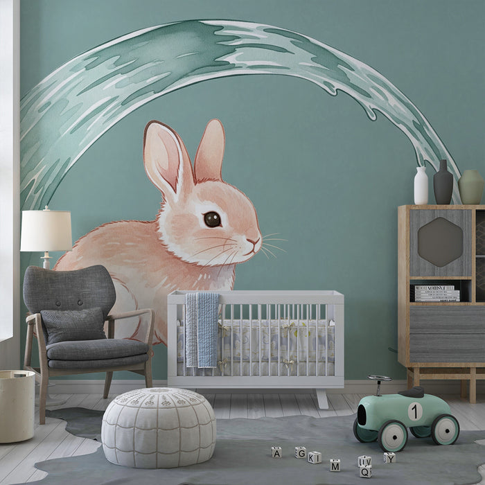 Papier peint chambre bébé | Lapin mignon et éclaboussures d'eau