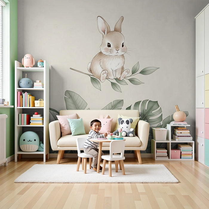 Papier peint chambre bébé | Lapin mignon et feuillage tropical