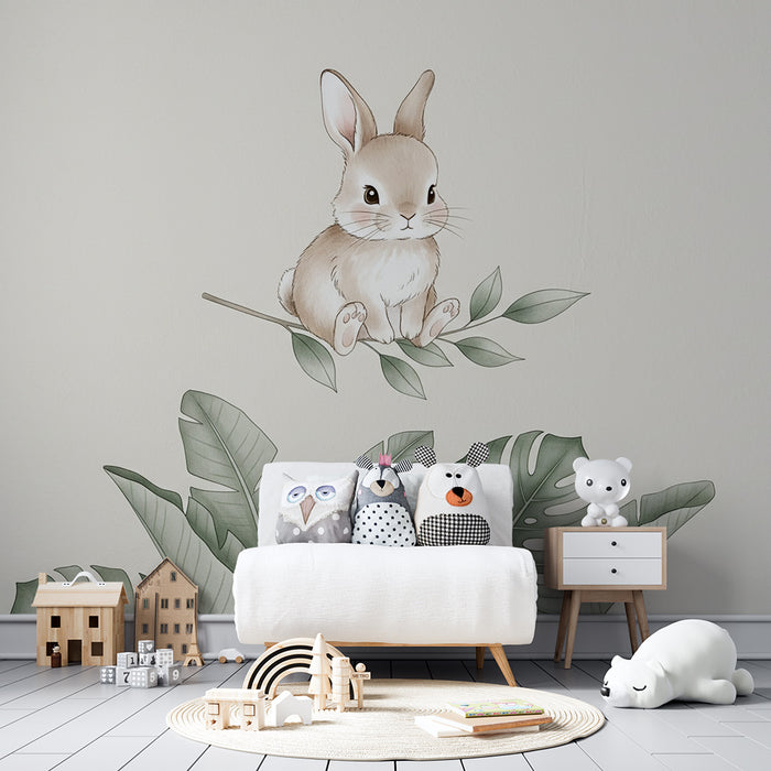 Papier peint chambre bébé | Lapin mignon et feuillage tropical