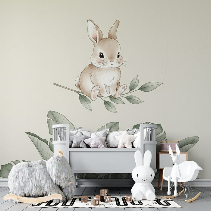 Papier peint chambre bébé | Lapin mignon et feuillage tropical