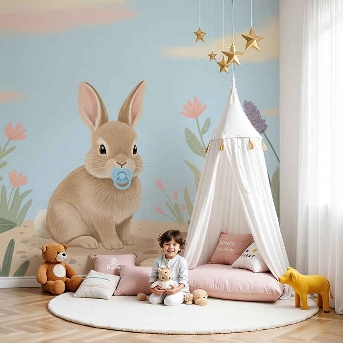 Papier peint chambre bébé | Lapin mignon et fleurs colorées