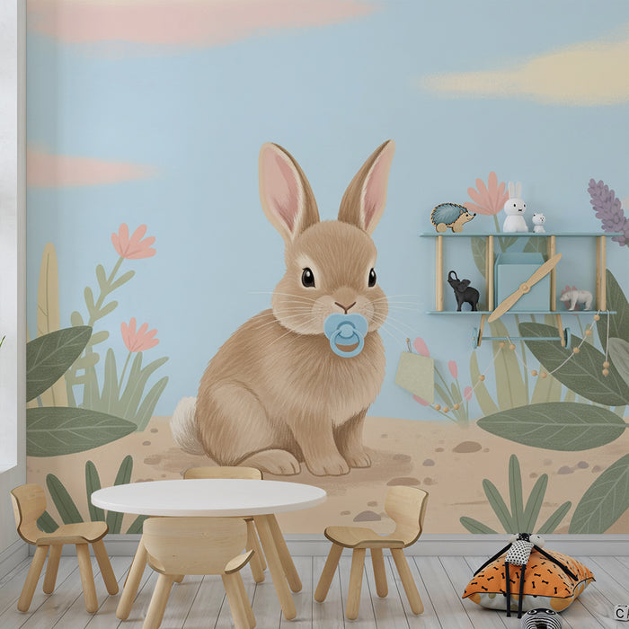 Papier peint chambre bébé | Lapin mignon et fleurs colorées