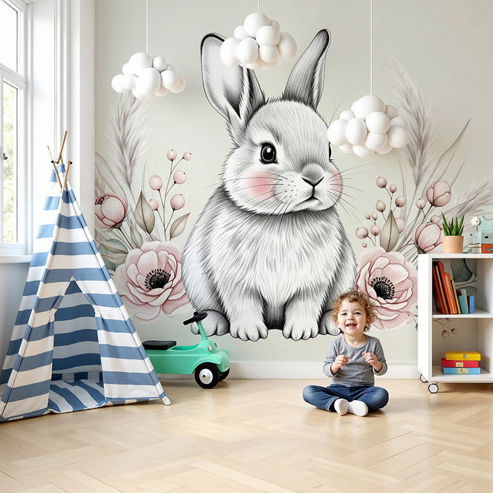 Papier peint chambre bébé | Lapin mignon et fleurs délicates