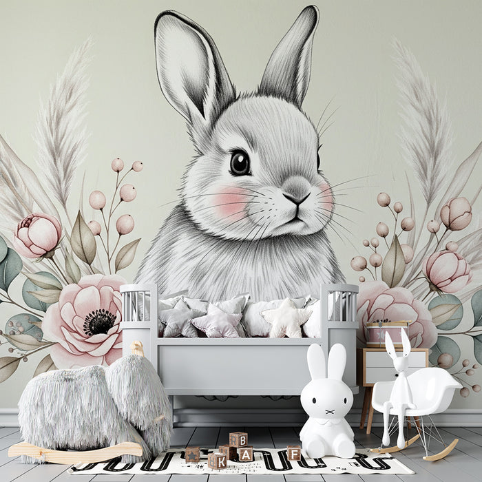 Papier peint chambre bébé | Lapin mignon et fleurs délicates