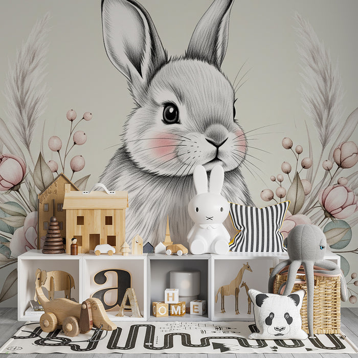Papier peint chambre bébé | Lapin mignon et fleurs délicates