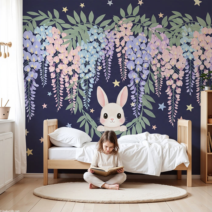 Lastenhuoneen tapetti | Söpö pupu ja tähtikukat