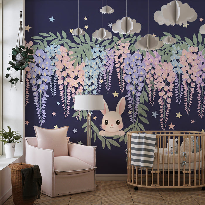 Lastenhuoneen tapetti | Söpö pupu ja tähtikukat