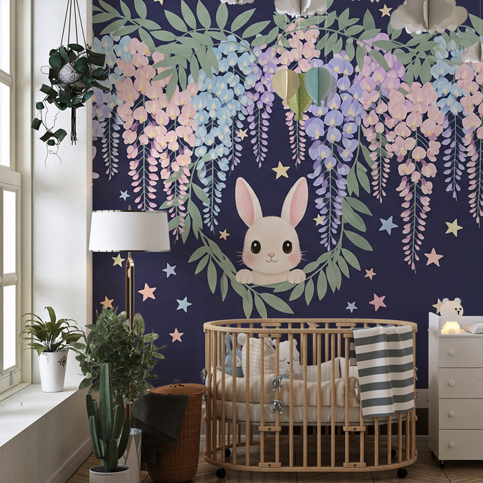 Lastenhuoneen tapetti | Söpö pupu ja tähtikukat