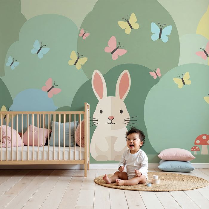 Papel pintado infantil | Conejito lindo y mariposas en un jardín encantado