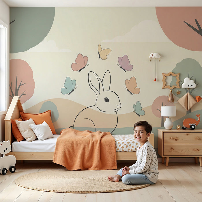 Lastenhuoneen tapetti | Söpö pupu ja perhoset lempeässä maisemassa