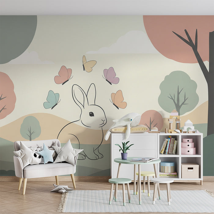 Lastenhuoneen tapetti | Söpö pupu ja perhoset lempeässä maisemassa