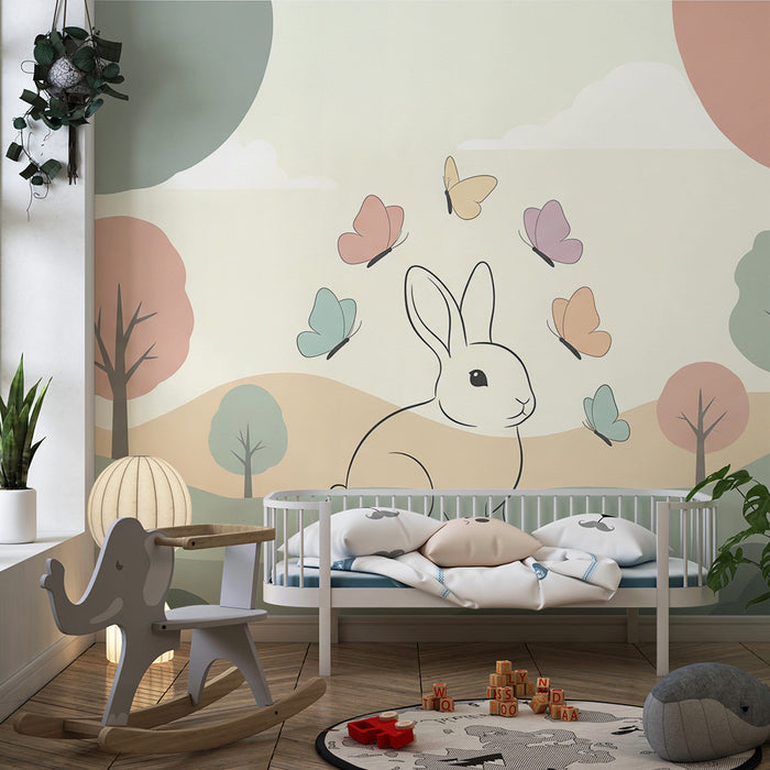 Lastenhuoneen tapetti | Söpö pupu ja perhoset lempeässä maisemassa