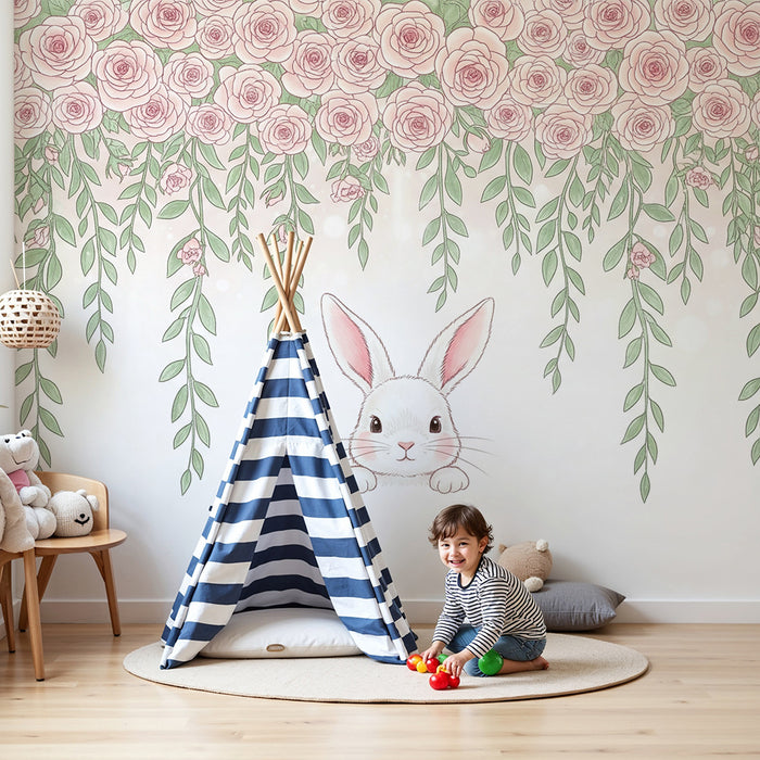 Papier peint chambre bébé | Lapin mignon et roses délicates