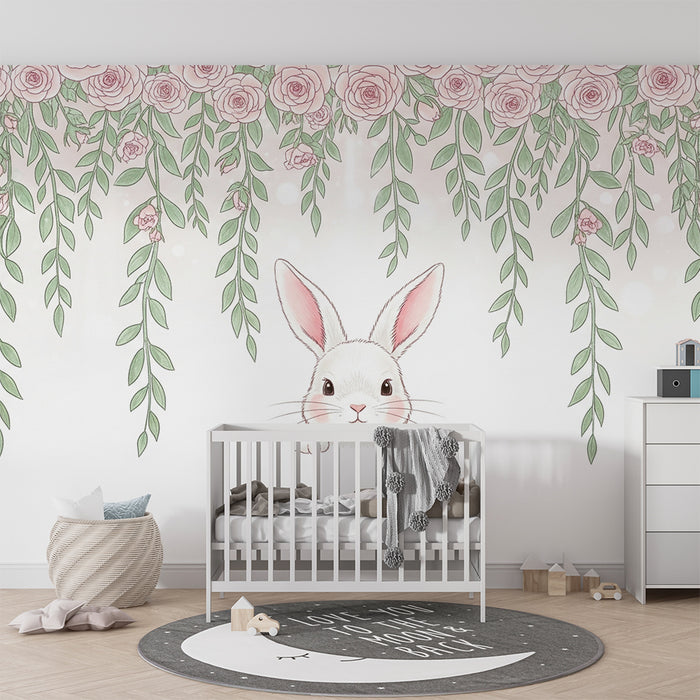 Papier peint chambre bébé | Lapin mignon et roses délicates