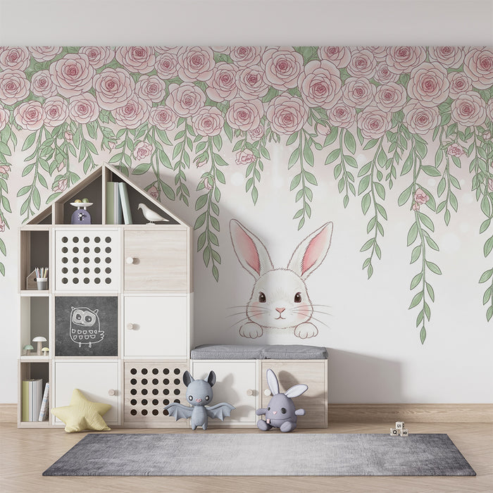 Papier peint chambre bébé | Lapin mignon et roses délicates