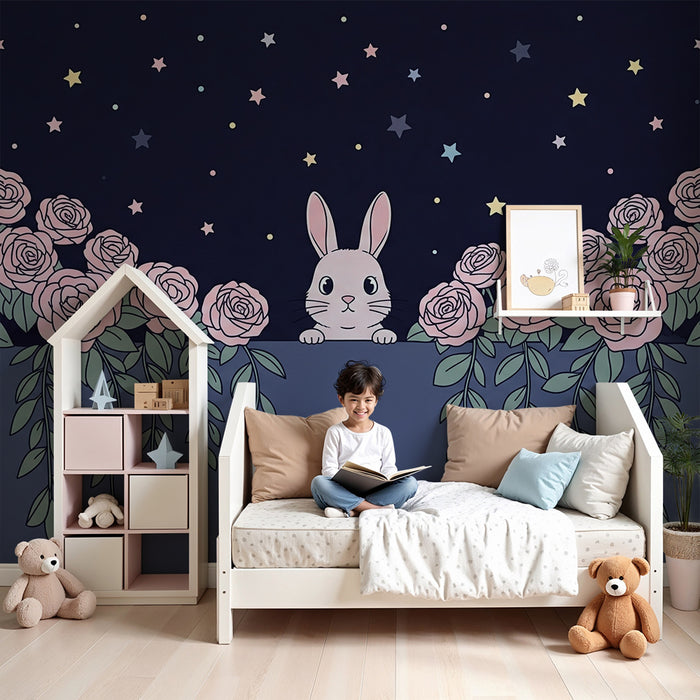Papier peint chambre bébé | Lapin mignon et roses étoilées