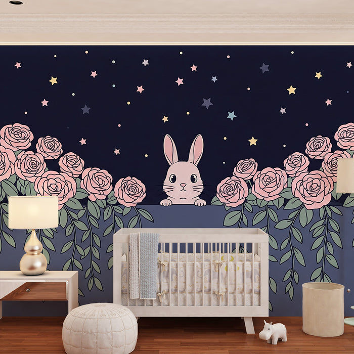 Papier peint chambre bébé | Lapin mignon et roses étoilées