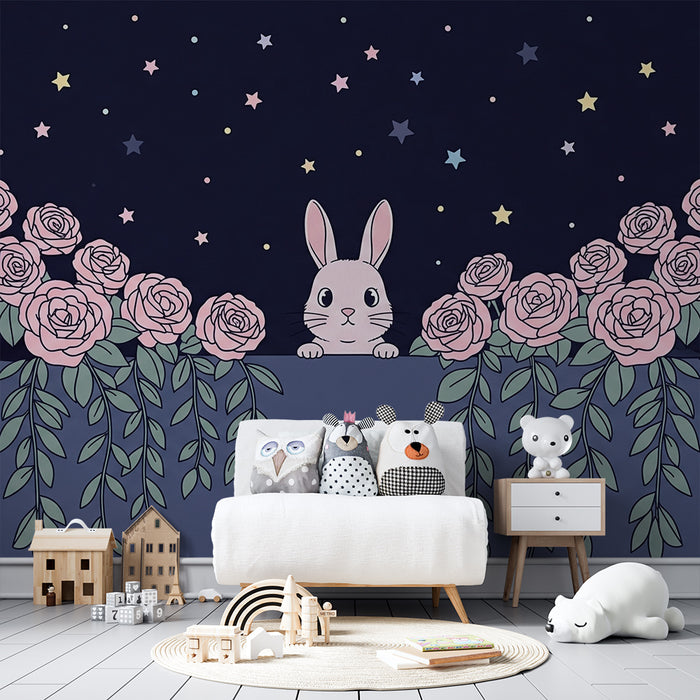 Papier peint chambre bébé | Lapin mignon et roses étoilées