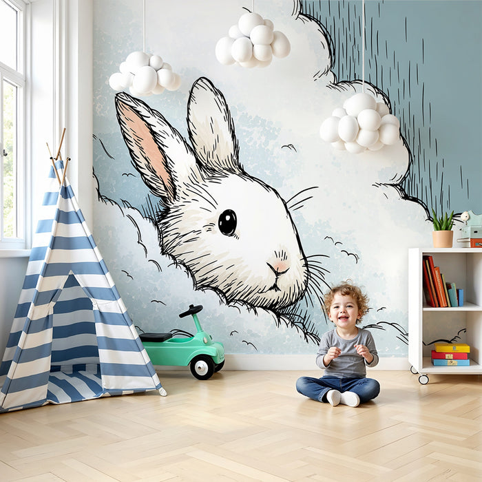 Carta da parati bambini | Coniglietto carino con la testa tra le nuvole