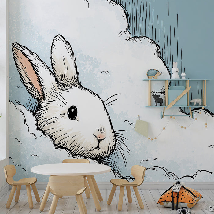 Carta da parati bambini | Coniglietto carino con la testa tra le nuvole