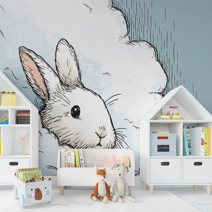 Carta da parati bambini | Coniglietto carino con la testa tra le nuvole