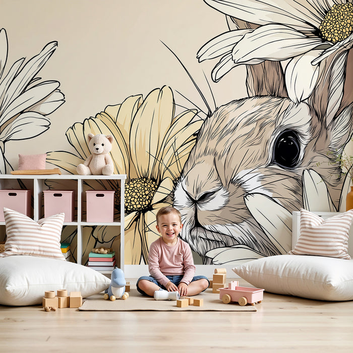Babykamer behang | Schattig konijn tussen delicate bloemen