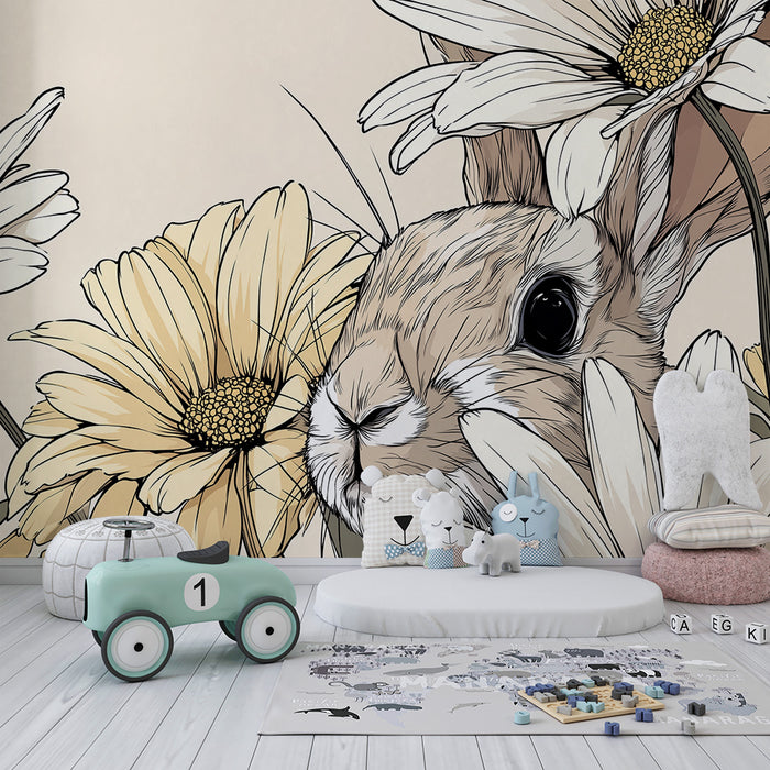 Babykamer behang | Schattig konijn tussen delicate bloemen