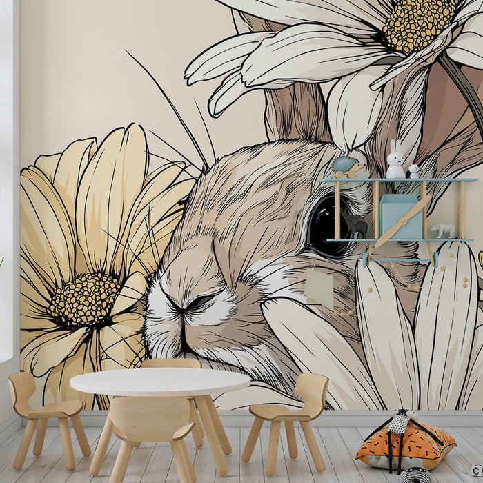 Babykamer behang | Schattig konijn tussen delicate bloemen