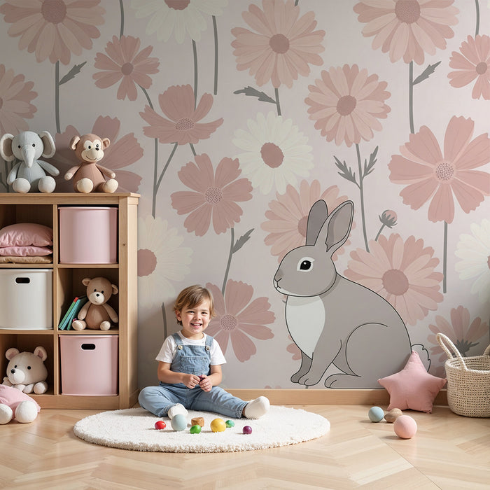 Lastenhuoneen tapetti | Söpö pupu pastelliväristen kukkien keskellä