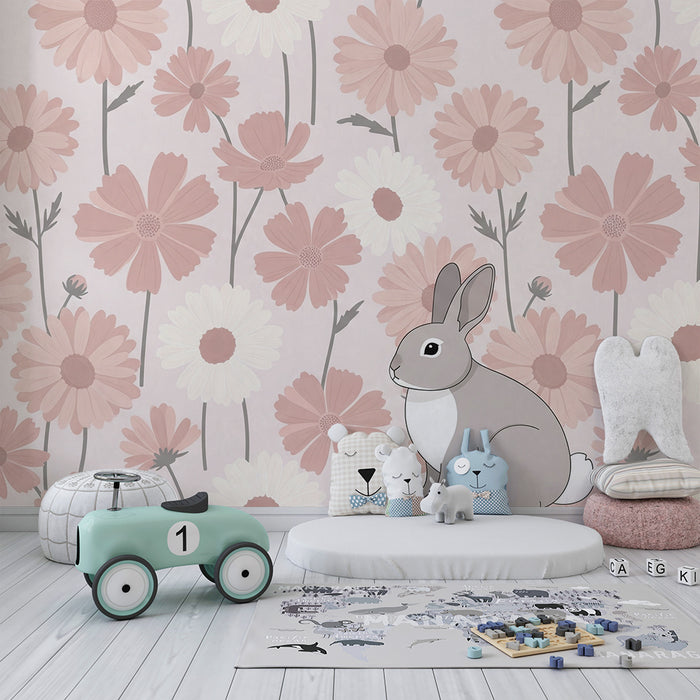 Lastenhuoneen tapetti | Söpö pupu pastelliväristen kukkien keskellä
