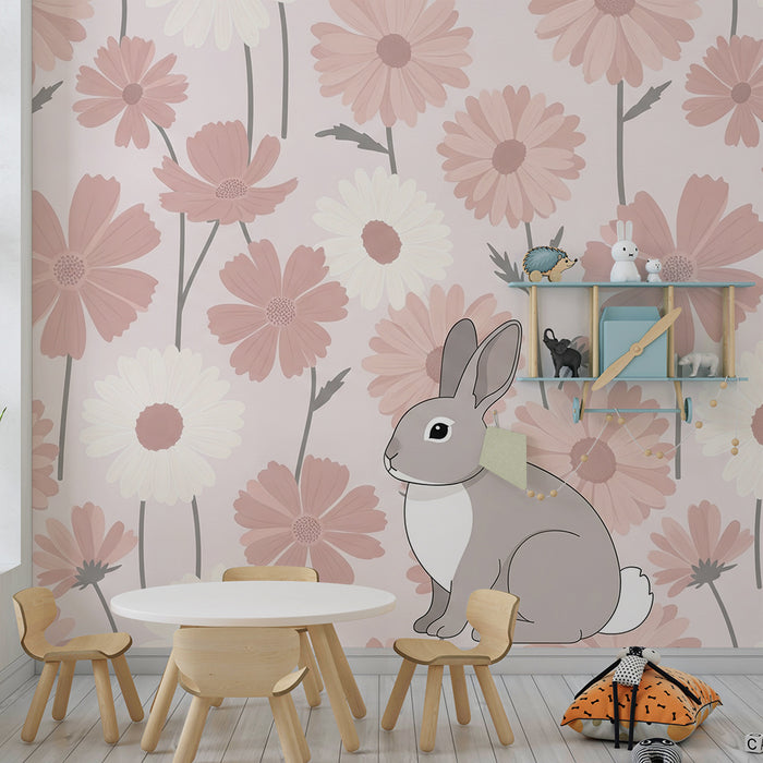 Lastenhuoneen tapetti | Söpö pupu pastelliväristen kukkien keskellä