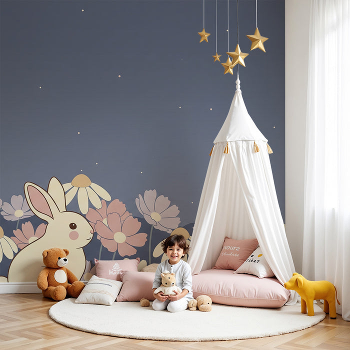 Lastenhuoneen tapetti | Söpö pupu pastelliväristen kukkien keskellä tähtitaivaan alla