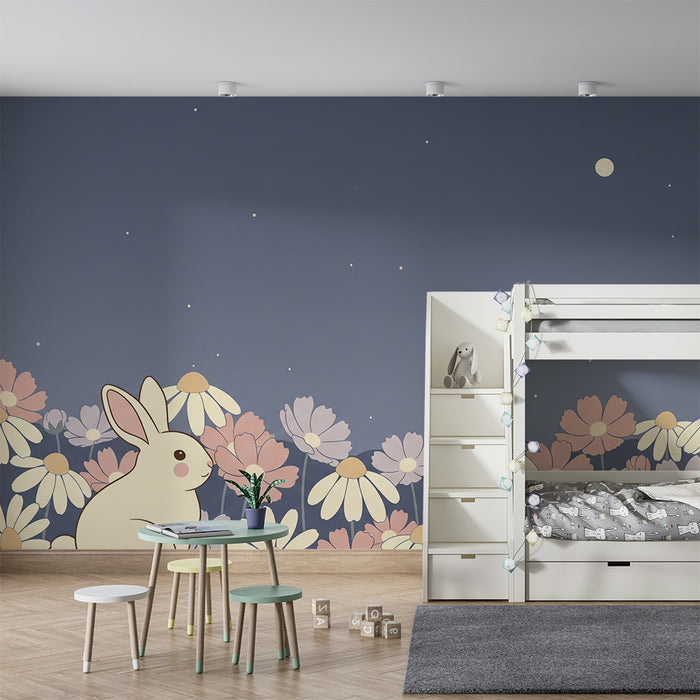 Lastenhuoneen tapetti | Söpö pupu pastelliväristen kukkien keskellä tähtitaivaan alla