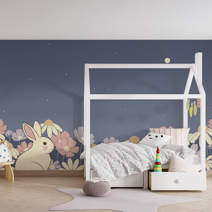 Lastenhuoneen tapetti | Söpö pupu pastelliväristen kukkien keskellä tähtitaivaan alla