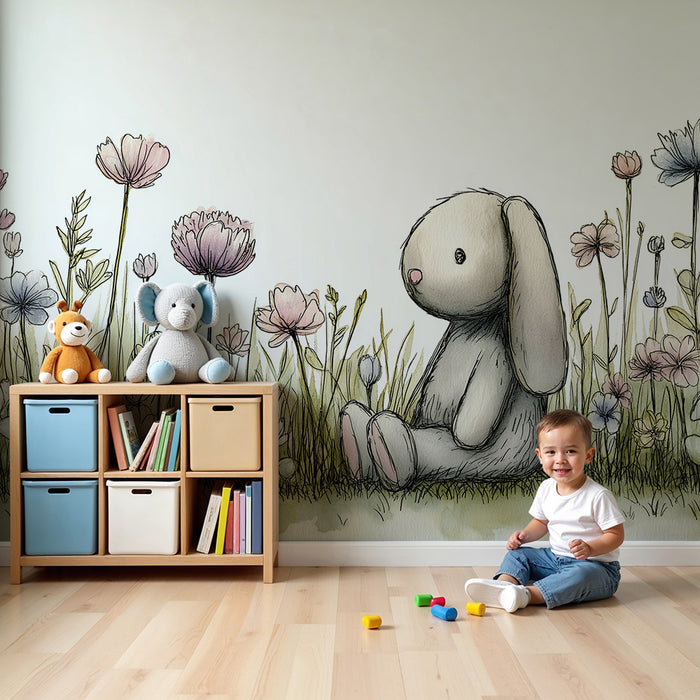 Lastenhuoneen tapetti | Söpö pupu herkkien kukkien keskellä