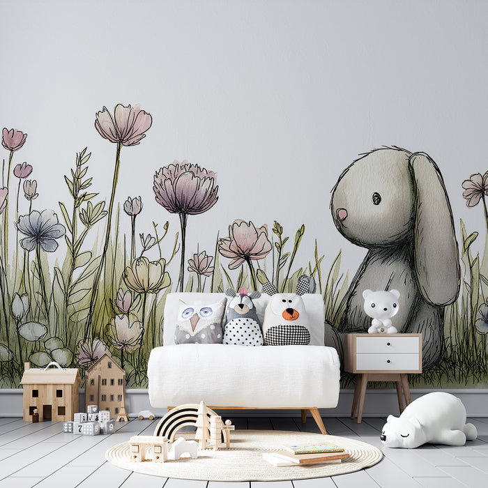 Lastenhuoneen tapetti | Söpö pupu herkkien kukkien keskellä