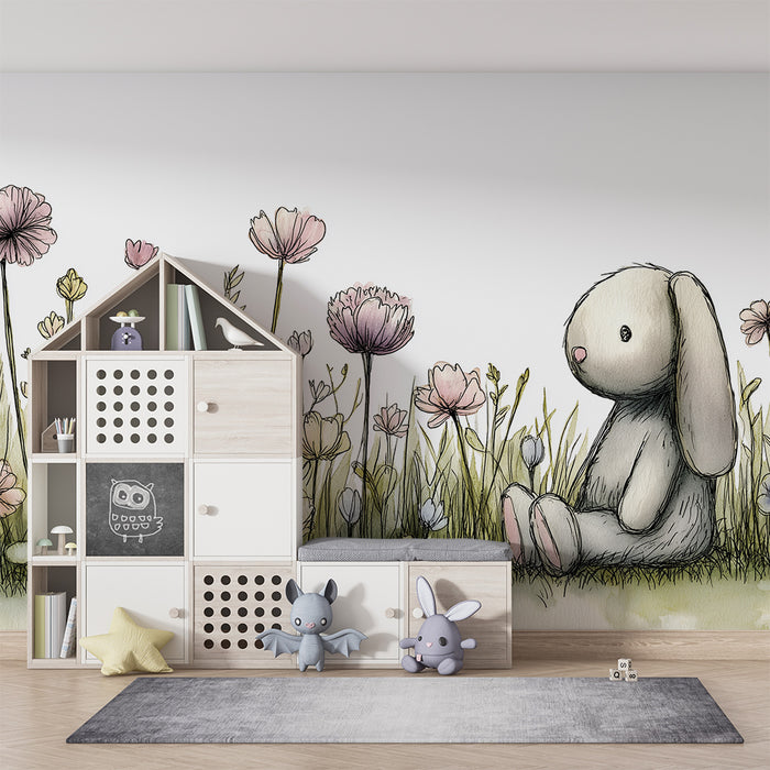 Lastenhuoneen tapetti | Söpö pupu herkkien kukkien keskellä