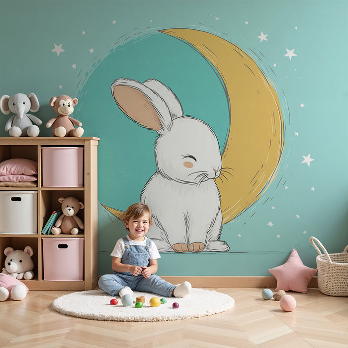 Lastenhuoneen tapetti | Söpö pupu kuun alla kimaltelevien tähtien kanssa