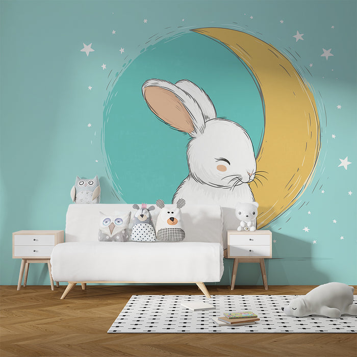 Lastenhuoneen tapetti | Söpö pupu kuun alla kimaltelevien tähtien kanssa