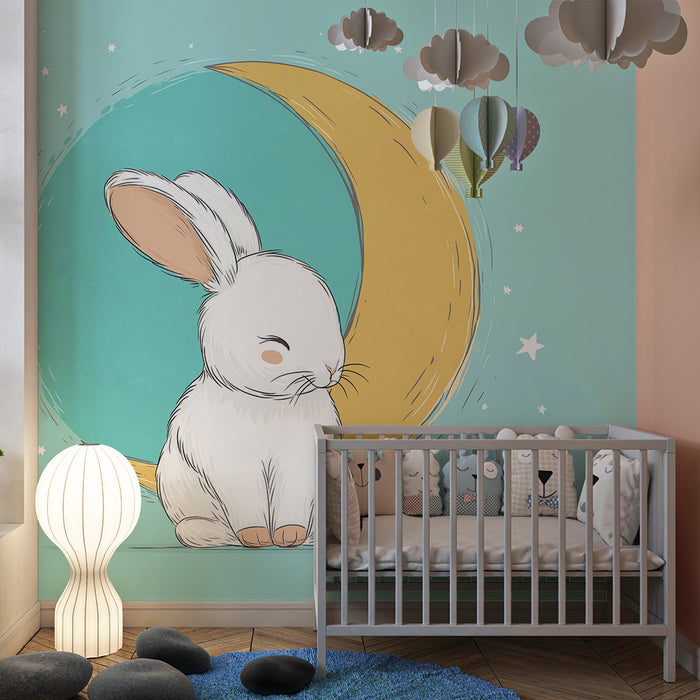 Lastenhuoneen tapetti | Söpö pupu kuun alla kimaltelevien tähtien kanssa